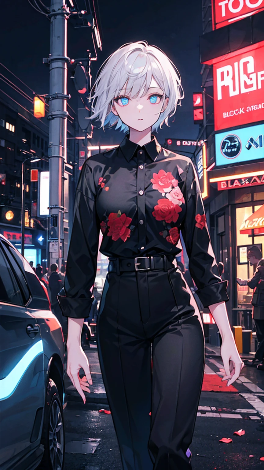 outdoor, Black, Wearing a black and red floral shirt, Wearing black dress pants, blue eyes, Glowing eyes, short hair, Gray skin, Club environment, night, Blue neon light, 8K, Unreal Engine, Very detailed, Reality,