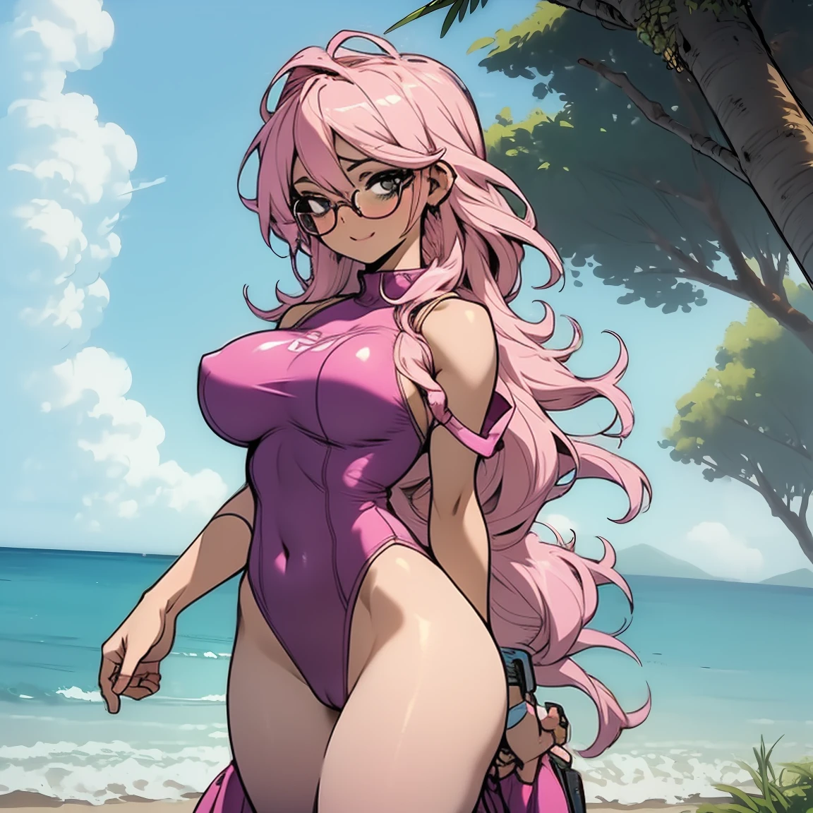 (masterpiece, best quality:1.2), cowboy shot, (solo), (1girl):1.5, (glasses), long fluffy pink hair, hair blowing, gorgeous body, wide hips, slight smile, ((very sexy and transparent (blue leotard)) with exposed navel), musculous belly, gorgeous huge breasts, ((pink breasts niples) under very transparent blue leotard), (cameltoe), in front a waterfall in a windy beach, view form sea to beach.