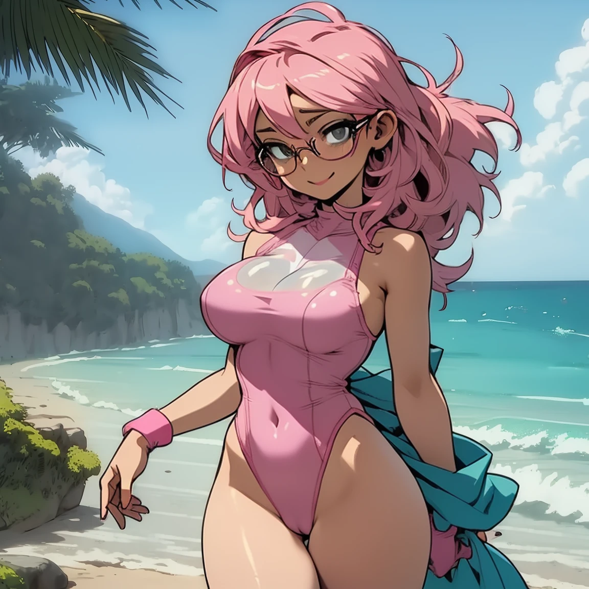 (masterpiece, best quality:1.2), cowboy shot, (solo), (1girl):1.5, (glasses), long fluffy pink hair, hair blowing, gorgeous body, wide hips, slight smile, ((very sexy and transparent (blue leotard)) with exposed navel), musculous belly, gorgeous huge breasts, ((pink breasts niples) under very transparent blue leotard), (cameltoe), in front a waterfall in a windy beach, view form sea to beach.