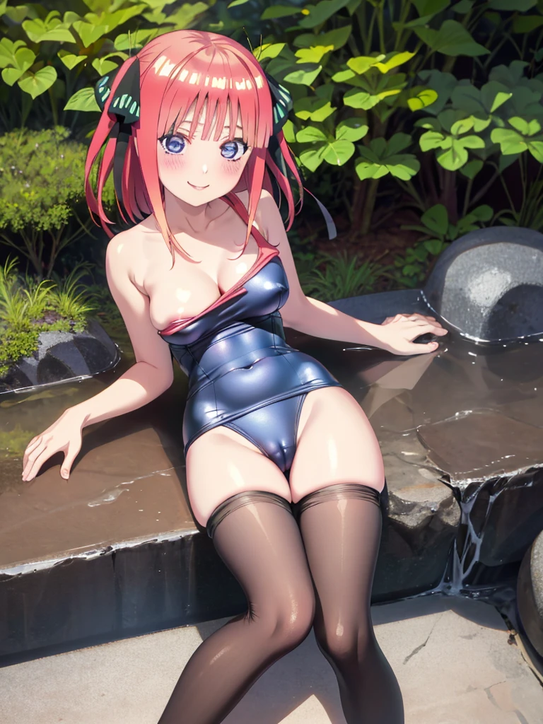 best quality, ultra-detailed masterpiece, nsfw, nino nakano, one-piece swimsuit, breasts, pantyhose, blush, smile, terrace, forest