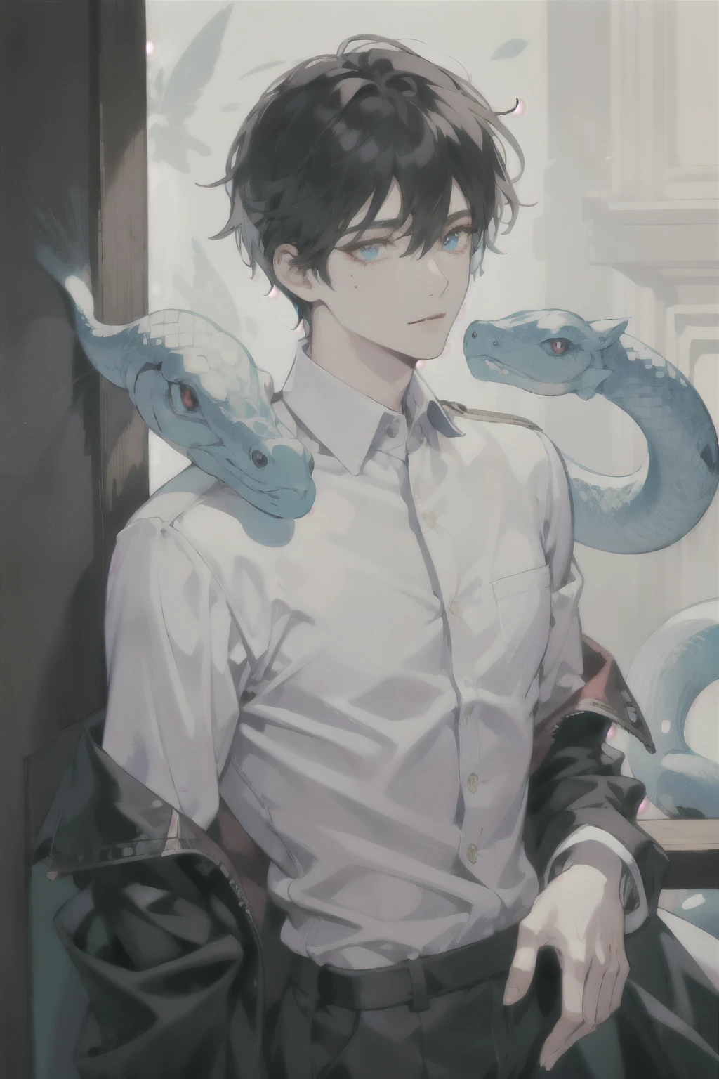 masterpiece, best quality, ultra detailed, (solo man), (male focus), ((Oblong face)), ((Square jawline)), black hair, ((hairs between eyes)), ((shoulder length)), ((narrow blue eye)), fair skin, skinny body, beauty mark, {uniform, outfit, clothes}, dress shirt, (Giving an insincere smile:0.7), (Communicating with a big albino snake), leaning on wall, front view