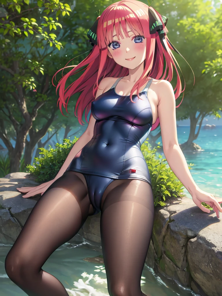 best quality, ultra-detailed masterpiece, nsfw, nino nakano, one-piece swimsuit, breasts, pantyhose, blush, smile, terrace, forest