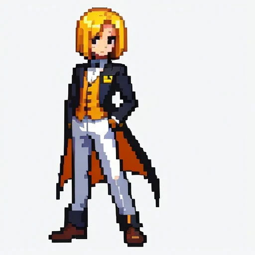 Pixel art, full body, facing left (important), alone, standing upright, long sleeve tuxedo with open front, boots. Hair color: Light medium blonde bob with parted bangs. He has several cards in his hand. Clothes: He wears an orange long-sleeved tuxedo with an open front and a yellow vest underneath. Trousers: white pants. Shoes: Yellow boots.