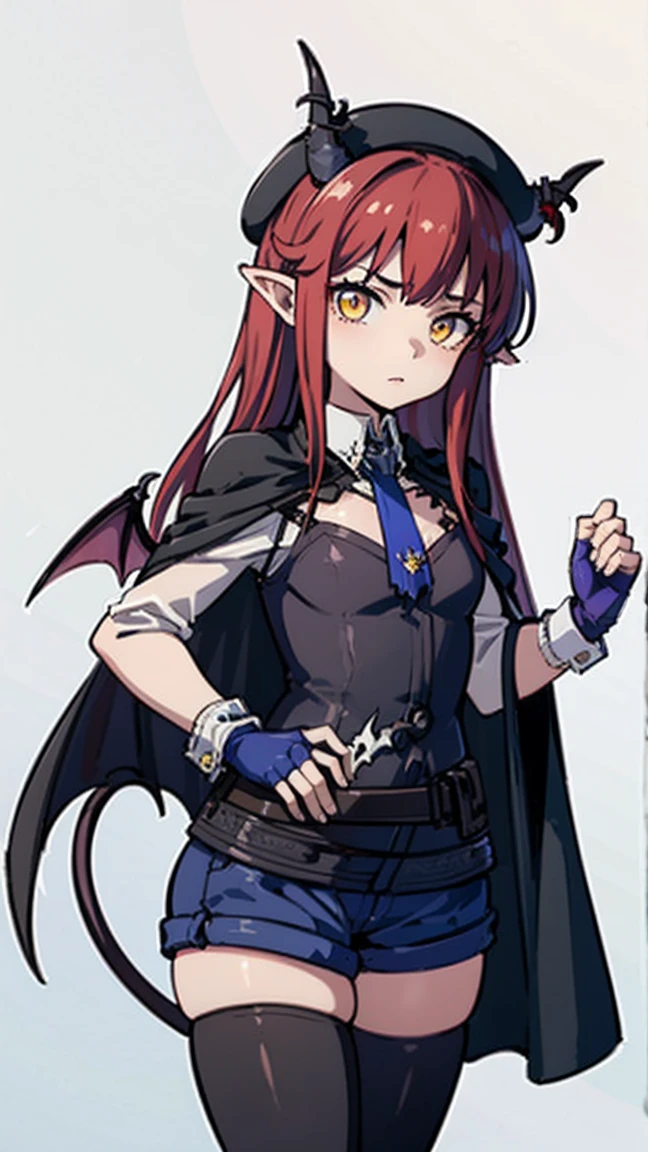 masteRpiece, best quality, 1giRl, Solitary, Yellow eyes, Red haiR, small bReast, demon giRl, Devil Tail, Demon Wings, small demon hoRns, pointy eaRs, (small bReast), (flat chest),  Double tail, bat haiR oRnament, cape, white shiRt, white legweaR, Plush Toys, Stuffed Animals, beRet, Gloves, Bangs, have