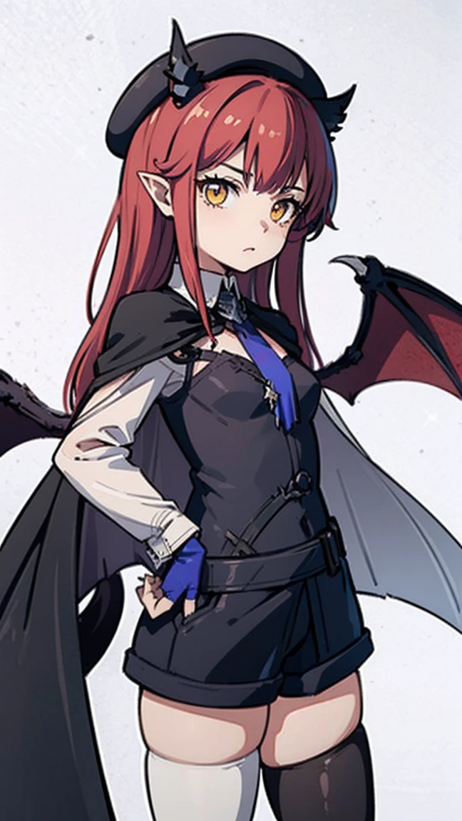 masteRpiece, best quality, 1giRl, Solitary, Yellow eyes, Red haiR, small bReast, demon giRl, Devil Tail, Demon Wings, small demon hoRns, pointy eaRs, (small bReast), (flat chest),  Double tail, bat haiR oRnament, cape, white shiRt, white legweaR, Plush Toys, Stuffed Animals, beRet, Gloves, Bangs, have