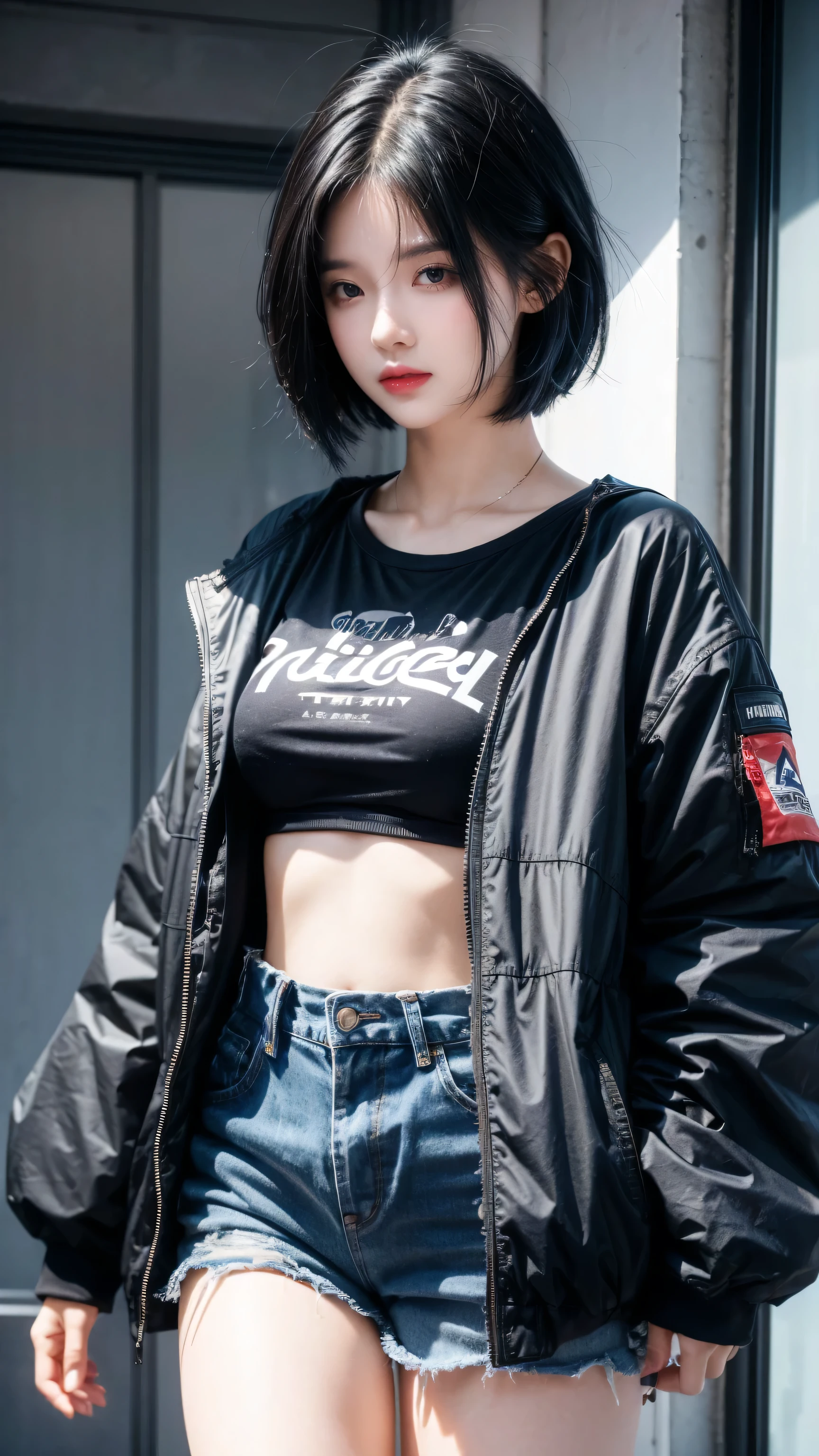 best quality, 1 Girl, dark blue hair, black eyes, Very short hair, Spiky hair, t-shirt, white jacket , High waist short jeans, 171 cm, Messy hair, Hair between the eyes, Medium breasts, full, Tomboy, aldult, 20 years old, 1 Girl skateboard athlete