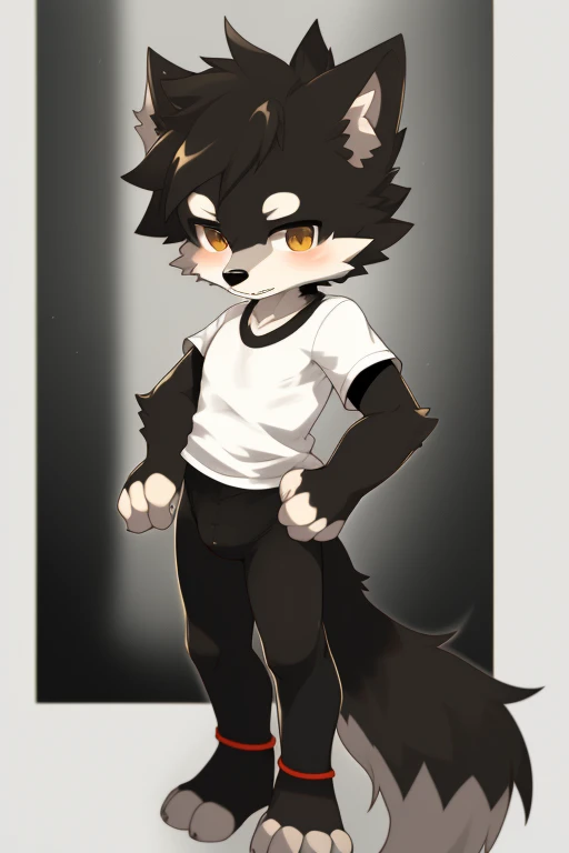 Furry wolf,((Shota)), black spandex tights, white shirt, solo, standing 