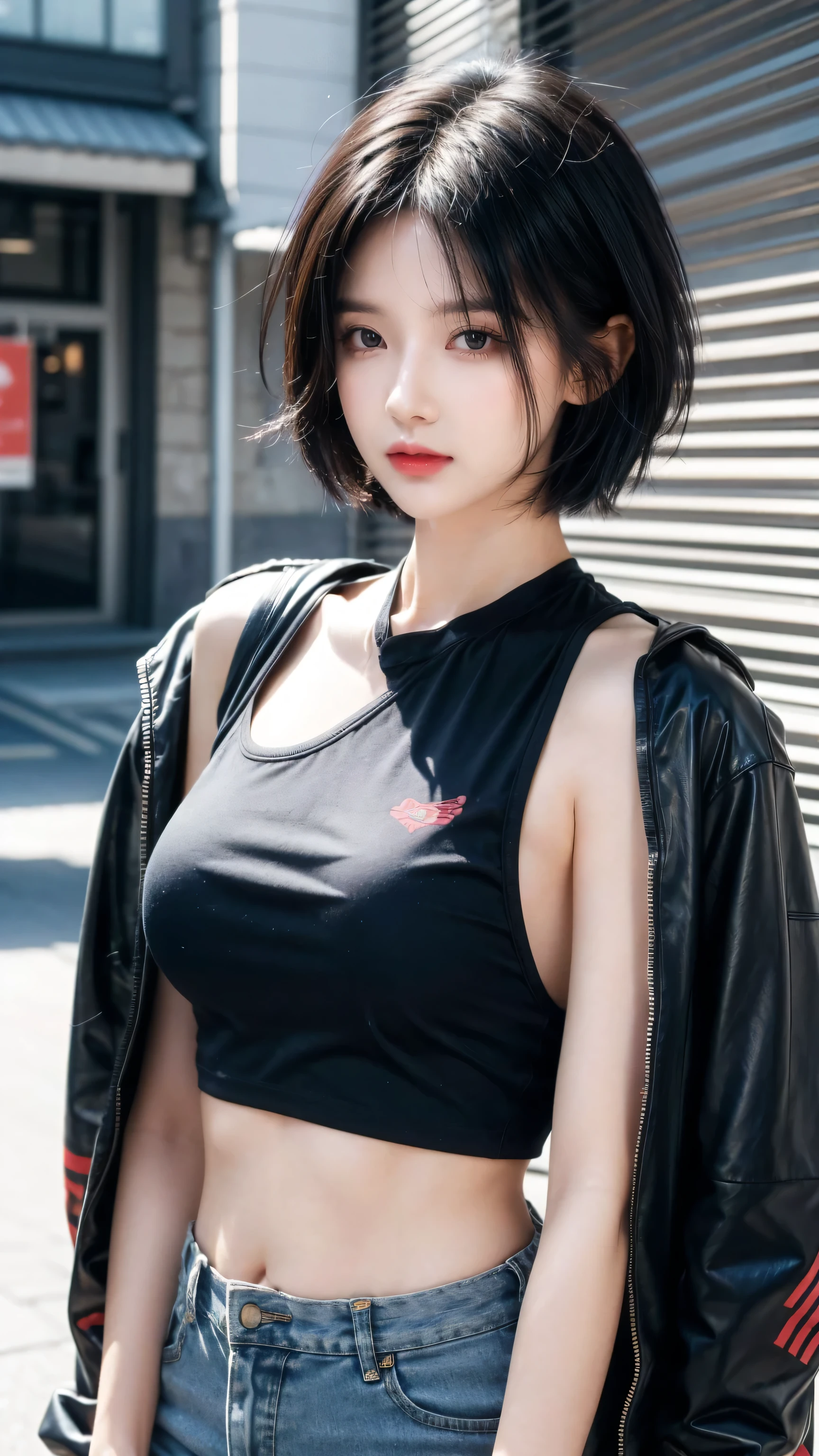 best quality, 1 Girl, dark blue hair, black eyes, Very short hair, Spiky hair, t-shirt, red down jacket , High waist short, 171 cm, Messy hair, Hair between the eyes, Medium breasts, full, Tomboy, aldult, 20 years old, 1 Girl