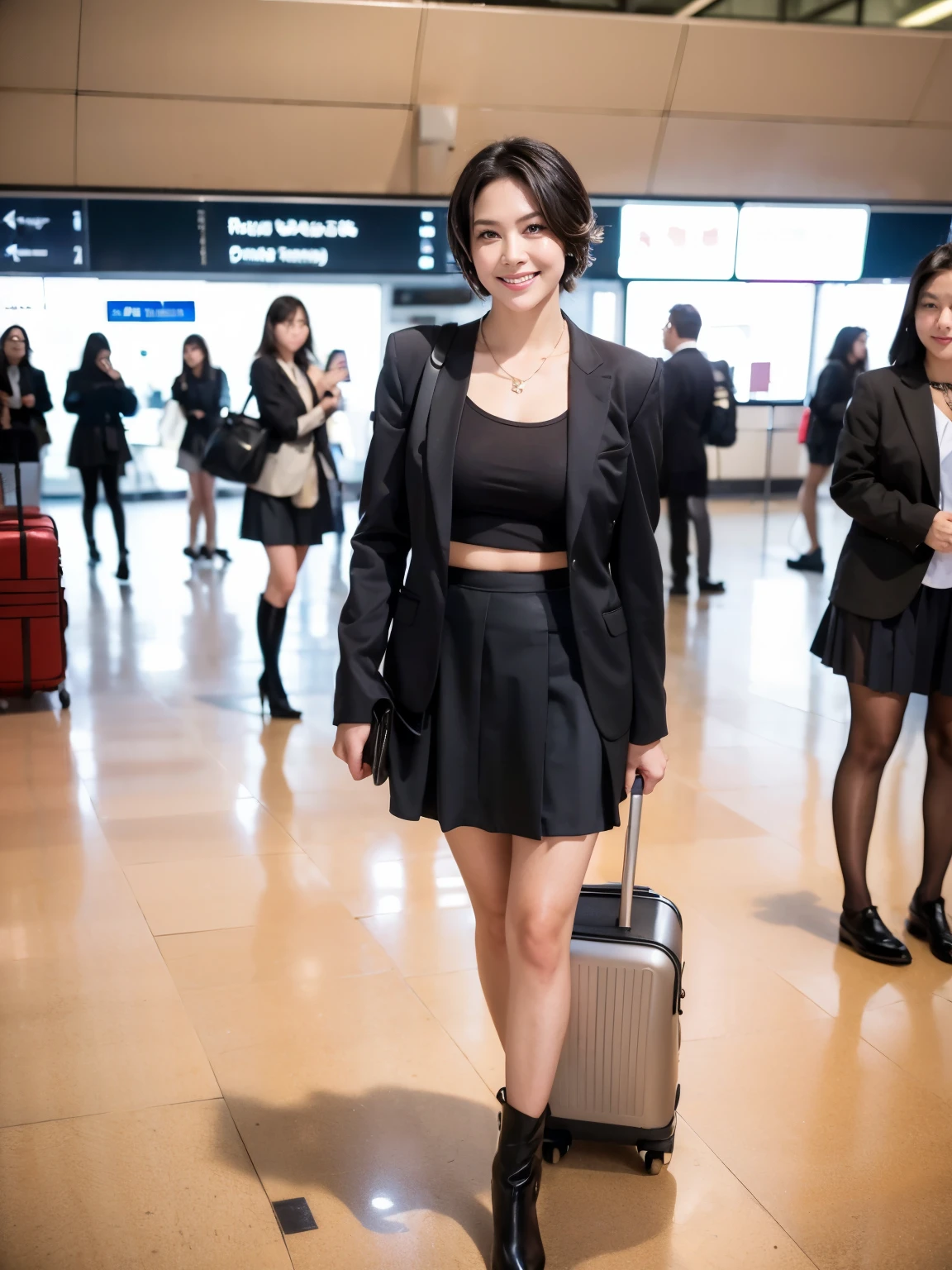 (RAW Photos:1.2), (Realistic:1.4),Beautiful detailed woman,非常にFine Eyesと顔, Fine Eyes, Very detailed,High resolution, Very detailed,highest quality,Awareness-raising,Unified,8k wallpaper,masterpiece,highest quality,1 female,alone,rich,Esbian all over,(A little chubby:0.8),Thick legs,alone,(Black business suit:1.4),(Knee-length skirt:1.6)、(Black Stockings:1.4),(short boots:1.4)、(Have a business carry bag:1.4),jewelry, necklace ,short hair,A kind smile,A dignified atmosphere,black eye,Realistic, (Morning Airport:1.2),(Stand upright:1.4),(go to work:1.4)