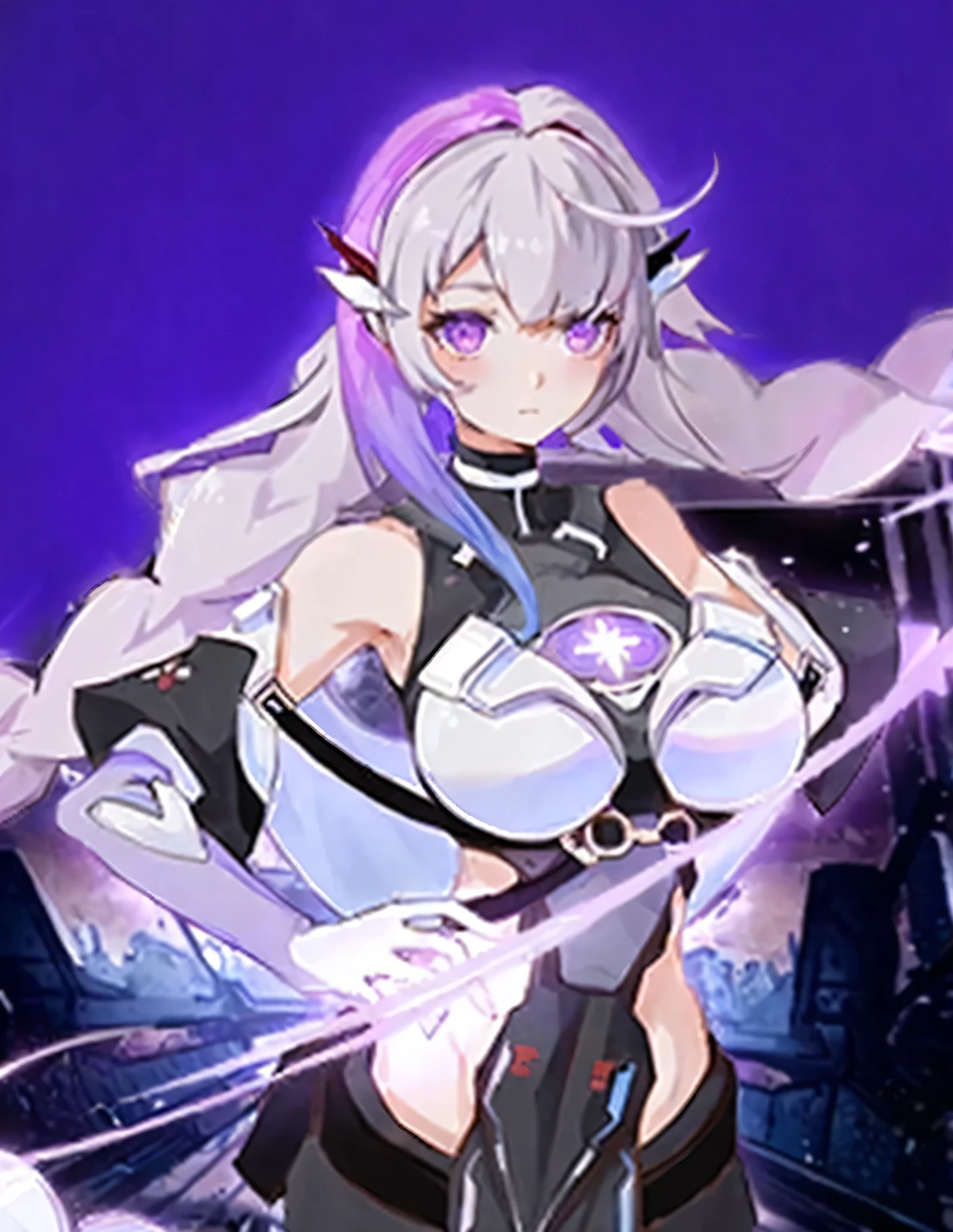 Anime girl with purple hair and white shirt holding a sword, Ayaka Genshin Impact, Holy Necromancer Girl, Android heroine, kushatkrentz women in critical art, official art works, Qatar, From the Azur Lane video game, corner, Azur route style, Girls Frontline Universe, Ethereal mecha theme, Portrait of zodiac girl knight