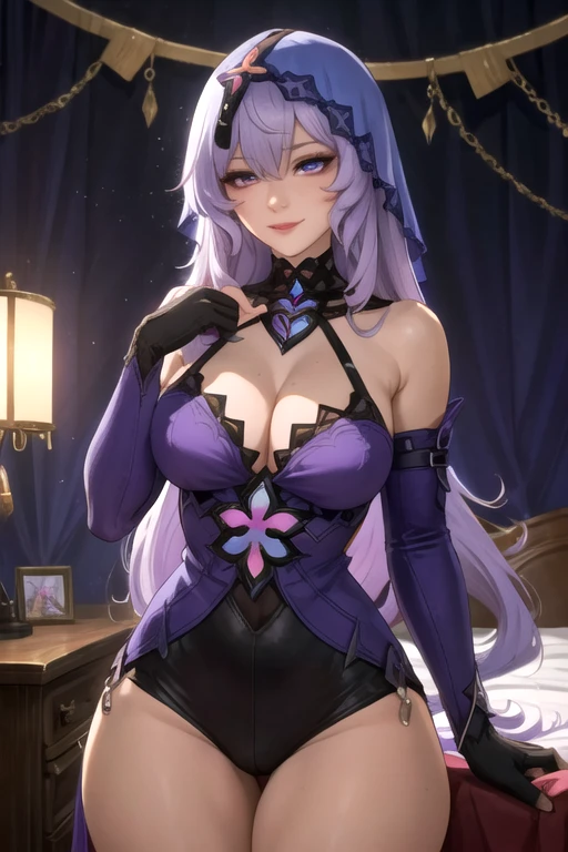 masterpiece, best quality, ultra detailed, dynamic angle, beautiful woman, 1 woman, older woman, black swan, beauty, perfect anatomy, perfect eyes, perfect fingers, perfect hands, anime girl, black high gloves, sexy dress, tight, thighs, purple hair, seductive smile, room background, soft, seductive, hot, spicy,