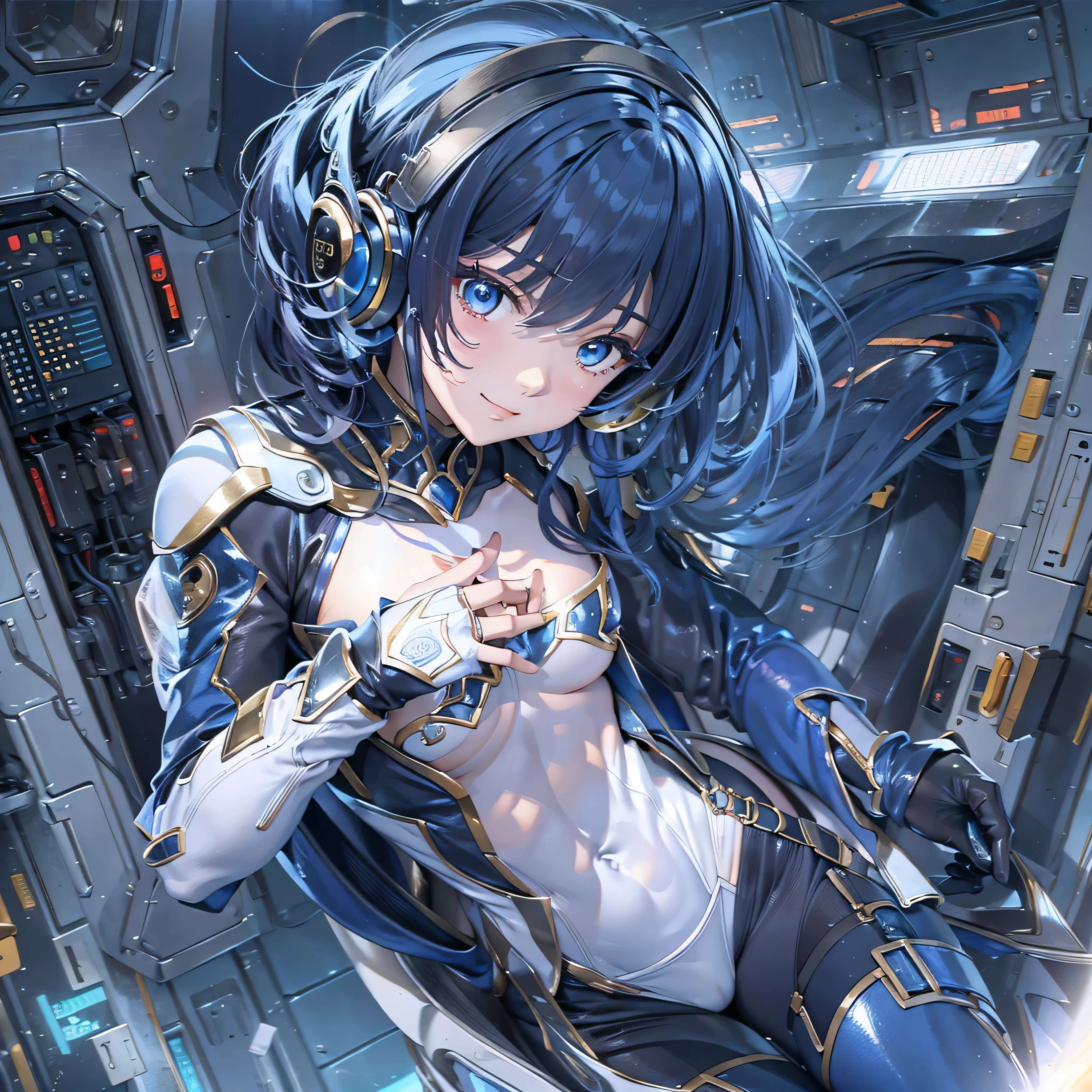 (masterpiece、highest quality、Highest Resolution、Clear_image、Detailed details、Angle from above): (Whole body、One 20 year old girl、Japanese Faces、Small Face、Slender、Navy blue super short bob cut hair、(Hidden small breasts:1.3)、Sparkling blue eyes、Shiny pilot suit in blue and black colors、Chest protection armor、Tight fitting clothes、Clothing that covers the whole body、Glamorous clothes、Tight Fit Pants、Hide your skin、Very delicate and beautiful、Detailed Skin、hide thighs、Hide your ass、Cute、A gentle smile、Soft expression、heroine、headset、Knee-high boots、Elbow-length gloves、Eye Level Shot、Face directly、Woman on a spaceship)
