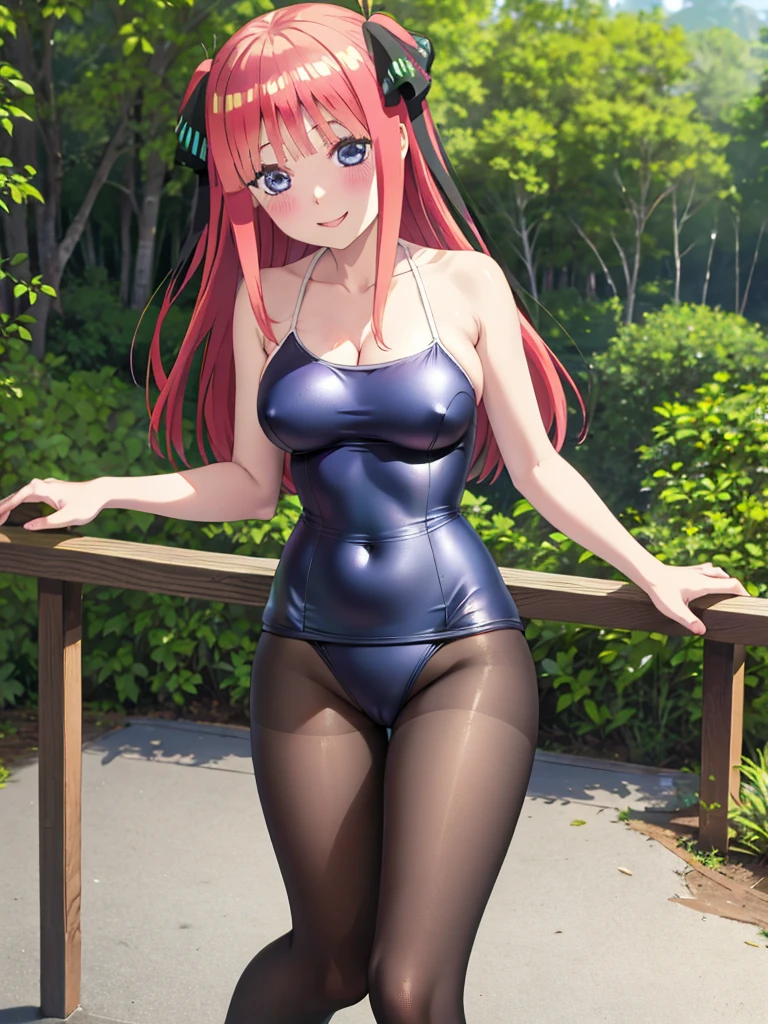 best quality, ultra-detailed masterpiece, nsfw, nino nakano, one-piece swimsuit, breasts, pantyhose, blush, smile, terrace, forest