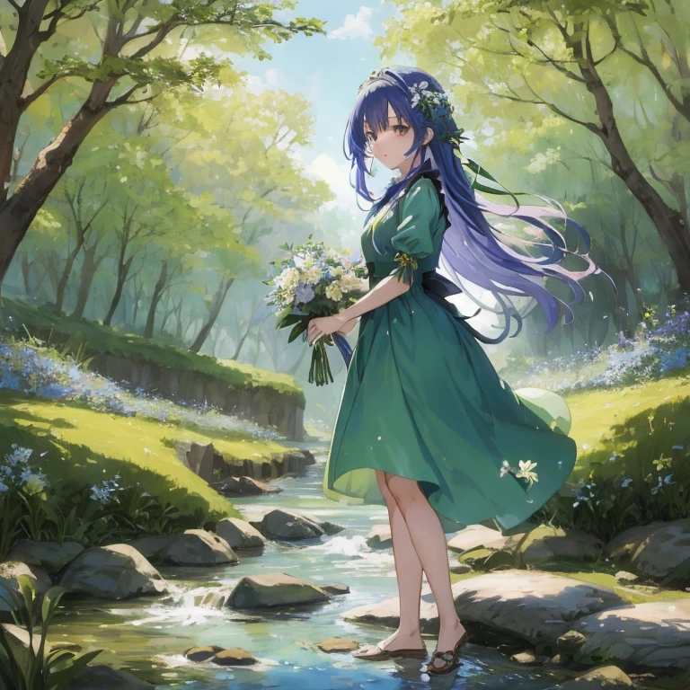 Anime girl in green dress standing in stream with flowers, anime lush john 8k woods, a maid in a magical forest, Official art, fey queen of the summer forest, Rin, Beautiful maiden, anime nature, koto no ha no niwa, beautiful fantasy anime, beautiful anime artwork, goddess of spring, Beautiful anime, Shirabii