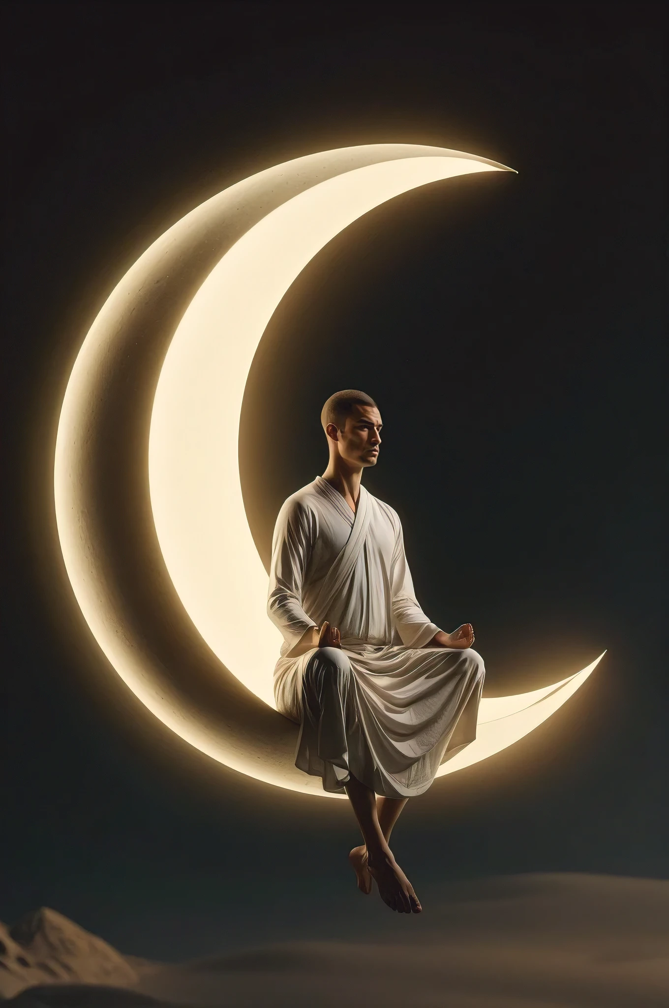 A stunning 3D render of a man meditating on a crescent moon, embodying the essence of zen minimalism. The figure is dressed in a simple, monochromatic robe. The crescent moon is a striking contrast against the dark sky, with the man's silhouette adding depth to the scene. The soft, celestial light and cinematic quality create a serene, immersive atmosphere. The style is reminiscent of the minimalist architectural designs by John Pawson, with a focus on simplicity and harmony., cinematic