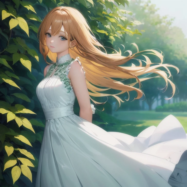 Anime girl in white dress standing in park, Smooth Anime CG Art, Beautiful anime girl, anime style 4 k, digital anime art, made with anime painter studio, blonde anime girl with long hair, Cute anime waifu in a nice dress, Beautiful Anime Portrait, Anime Girl with Long Hair, Anime art wallpaper 8k, in dress