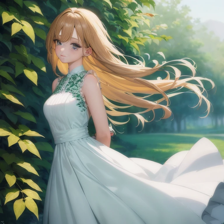 Anime girl in white dress standing in park, Smooth Anime CG Art, Beautiful anime girl, anime style 4 k, digital anime art, made with anime painter studio, blonde anime girl with long hair, Cute anime waifu in a nice dress, Beautiful Anime Portrait, Anime Girl with Long Hair, Anime art wallpaper 8k, in dress