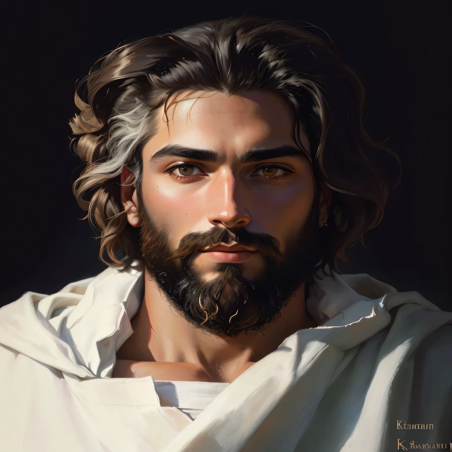 painting of a man with a beard and a white shirt, portrait of jesus christ, jesus christ, jesus, jesus face, jesus of nazareth, religious masterpiece portrait, the face of god, painted in high resolution, centered painted portrait, masterpiece work of art, side centered painted portrait, portrait of god, inspired by Juan O'Gorman, painting of a man and Akiane Kramarik, painting of Prince of Peace