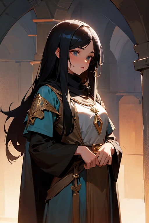 ((masterpiece)), ((best quality)), ((ultra-detailed)), illustration, a black-haired and blue-eyed woman dressed as a priestess, wearing a water blue western classical dress, without any exposure, wearing Wearing a cloak, pious, indifferent, mysterious, with white spire gothic cathedral in the background, fantasy