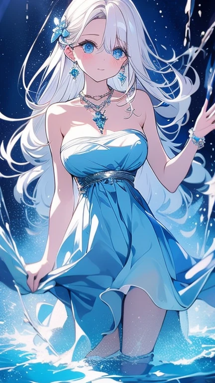 Work of art, Good quality, best quality, 1 one beautiful woman, white hair, blue eyes, short white dress, blue crystal necklace, blue crystal earrings, water floor, wet face, Waterfall background, Photographic lighting, Detailed image
