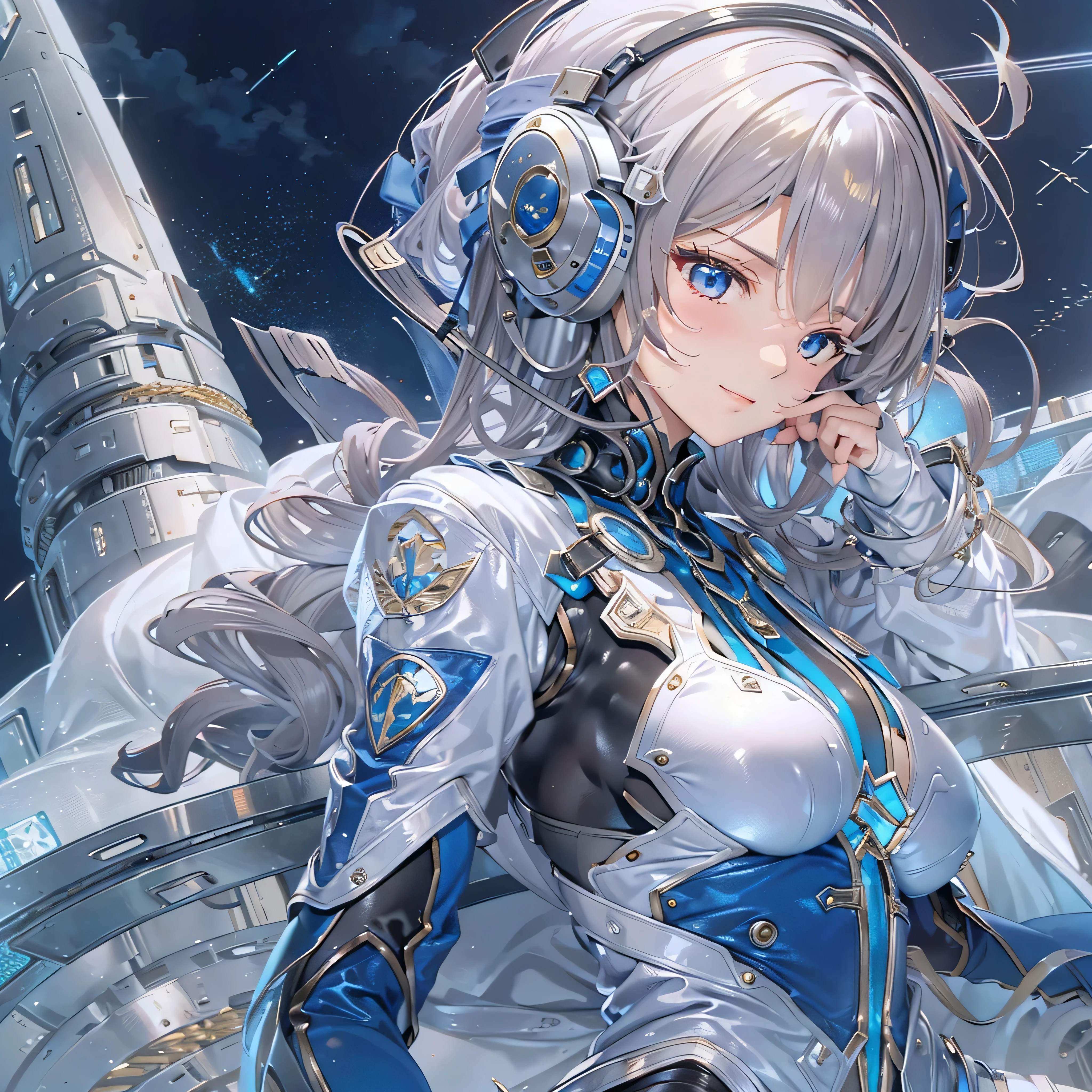 (masterpiece、highest quality、Highest Resolution、Clear_image、Detailed details、Angle from above): (Whole body、One 20 year old girl、Japanese Faces、Small Face、Slender、Navy blue super short bob cut hair、(Hidden small breasts:1.3)、Sparkling blue eyes、Shiny pilot suit in blue and black colors、Chest protection armor、Tight fitting clothes、Clothing that covers the whole body、Glamorous clothes、Tight Fit Pants、Hide your skin、Very delicate and beautiful、Detailed Skin、hide thighs、Hide your ass、Cute、A gentle smile、Soft expression、heroine、headset、Knee-high boots、Elbow-length gloves、Eye Level Shot、Face directly、Woman on a spaceship)