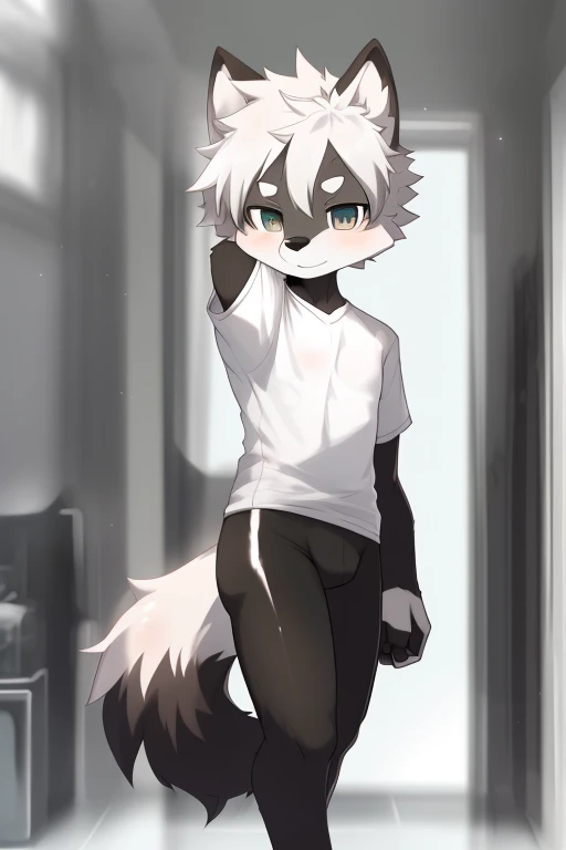 Furry wolf,((Shota)), black spandex tights, white shirt, solo, standing 