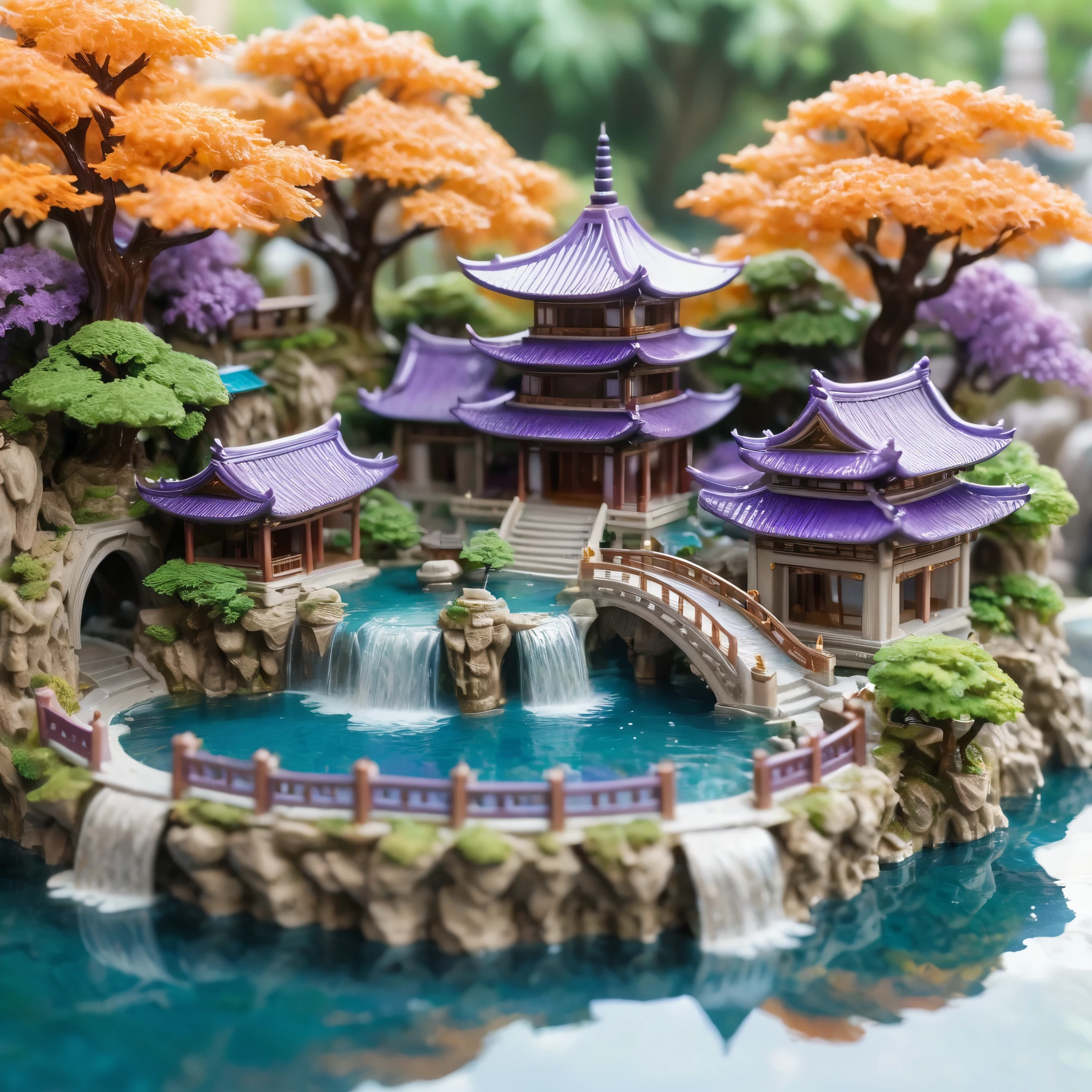 A beautifully detailed miniature city with a central pagoda-like building surrounded by a circular pool of water and cascading waterfalls. The city has a mix of ancient Asian architecture with vibrant green, orange, and purple trees spread throughout. The scene is lit with soft, warm sunlight, creating a serene and enchanting atmosphere. The buildings and streets are intricate, with a focus on the golden roofs and blue waters. The overall style is reminiscent of macro photography, with a sharp focus on the central structure and a dreamy, artistic feel to the surroundings.