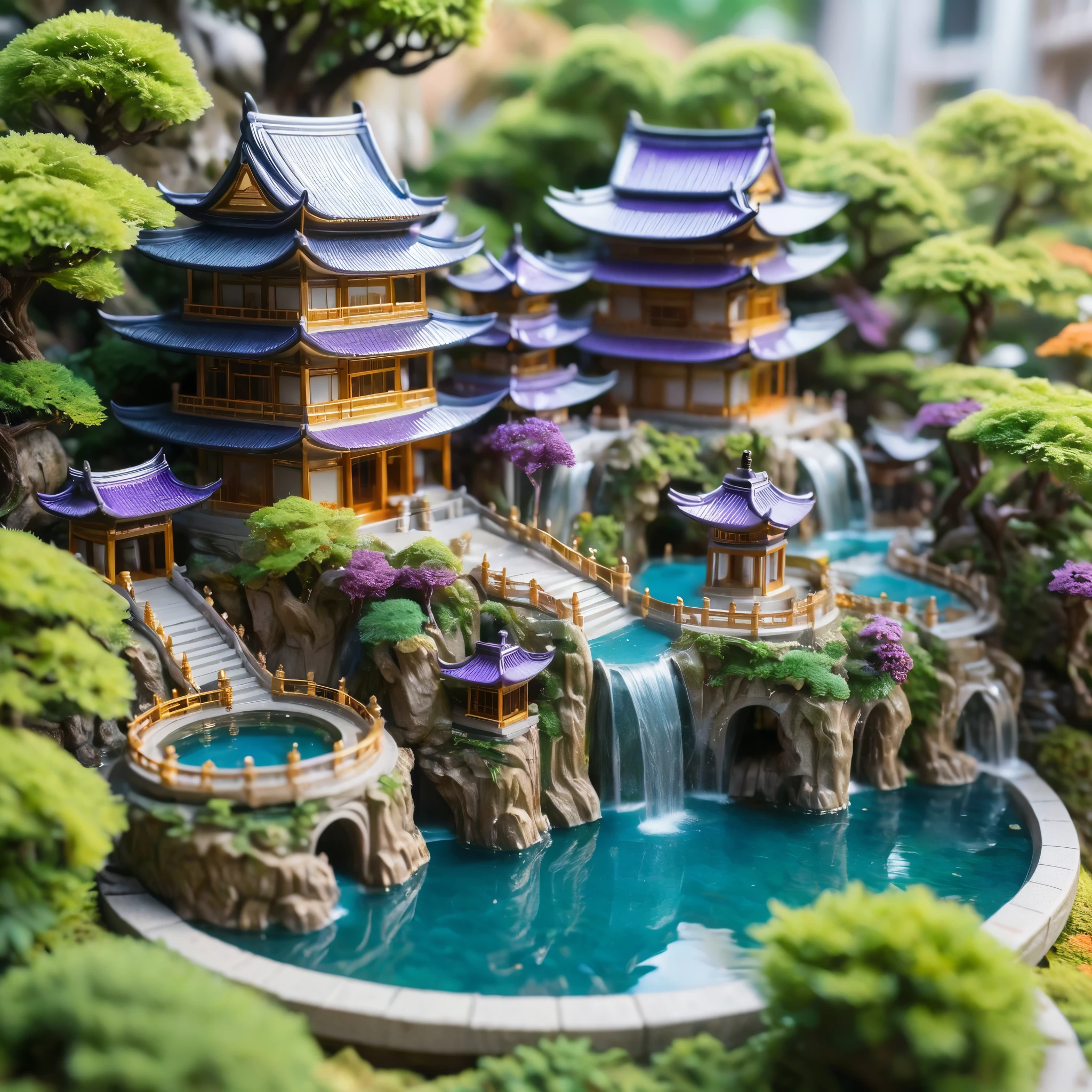 A beautifully detailed miniature city with a central pagoda-like building surrounded by a circular pool of water and cascading waterfalls. The city has a mix of ancient Asian architecture with vibrant green, orange, and purple trees spread throughout. The scene is lit with soft, warm sunlight, creating a serene and enchanting atmosphere. The buildings and streets are intricate, with a focus on the golden roofs and blue waters. The overall style is reminiscent of macro photography, with a sharp focus on the central structure and a dreamy, artistic feel to the surroundings.