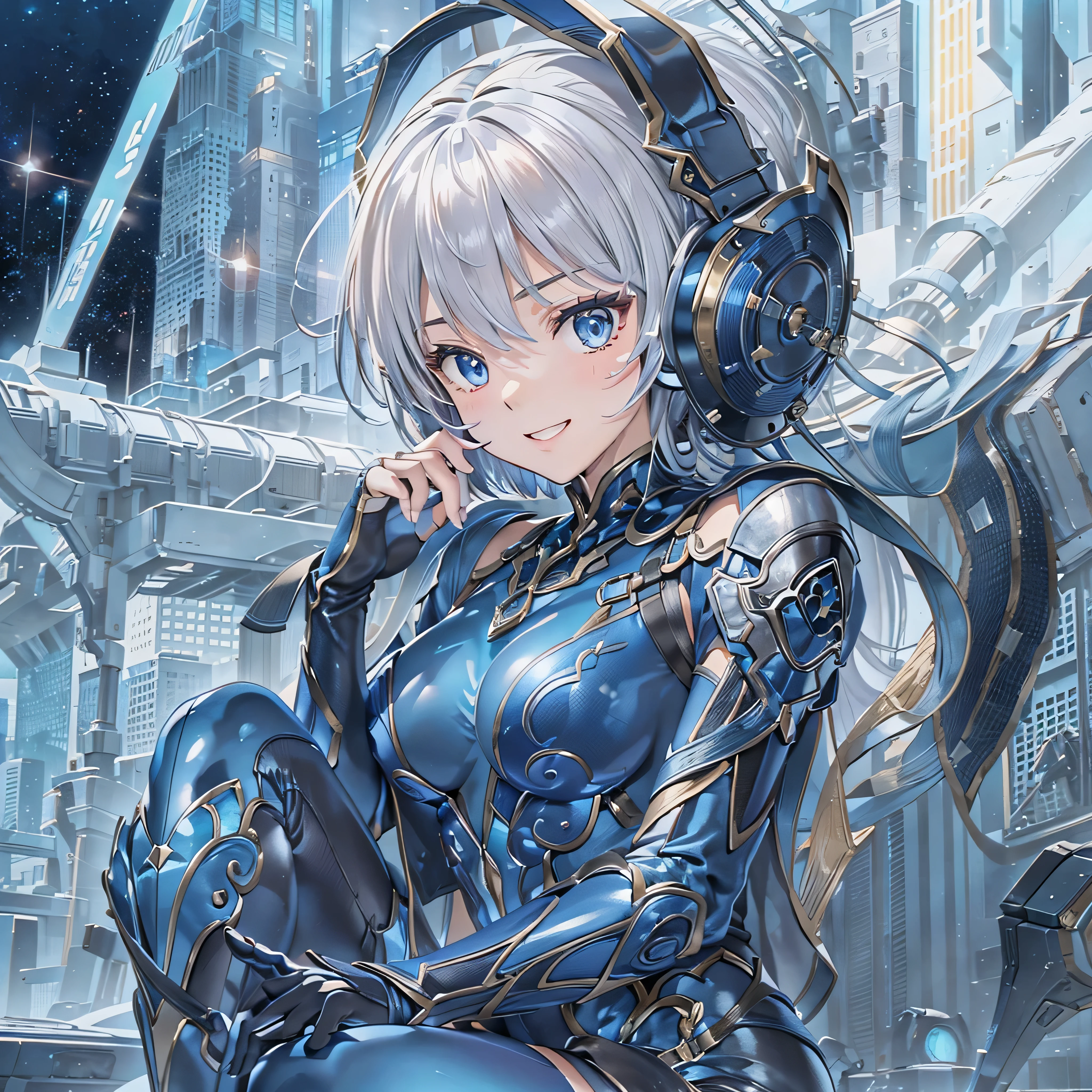 (masterpiece、highest quality、Highest Resolution、Clear_image、Detailed details、Angle from above): (Whole body、One 20 year old girl、Japanese Faces、Small Face、Slender、Navy blue super short bob cut hair、(Hidden small breasts:1.3)、Sparkling blue eyes、Shiny pilot suit in blue and black colors、Chest protection armor、Tight fitting clothes、Clothing that covers the whole body、Glamorous clothes、Tight Fit Pants、Hide your skin、Very delicate and beautiful、Detailed Skin、hide thighs、Hide your ass、Cute、A gentle smile、Soft expression、heroine、headset、Knee-high boots、Elbow-length gloves、Eye Level Shot、Face directly、Woman on a spaceship)