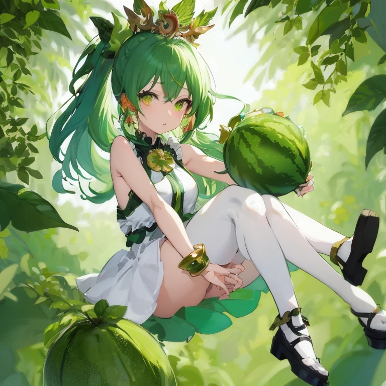 Green hair anime girl sitting on tree branch, anime lush john 8k woods, palutena, splash art anime , lady palutena, Trending on ArtStation pixiv, guweiz on pixiv artstation, material is!!! Watermelon!!!, official artwork, Mikudayo, Official art, 🍸🍋