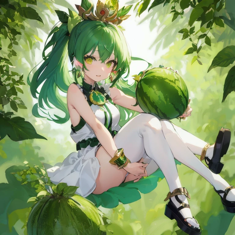 Green hair anime girl sitting on tree branch, anime lush john 8k woods, palutena, splash art anime , lady palutena, Trending on ArtStation pixiv, guweiz on pixiv artstation, material is!!! Watermelon!!!, official artwork, Mikudayo, Official art, 🍸🍋