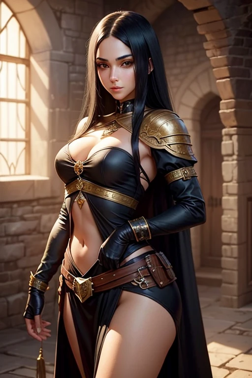 Human fantasy Thief Girl, medieval fantasy setting, human, 25 years old, long black hair, Arab features. fantasy medieval clothes inside a dungeon