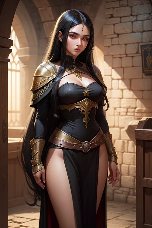 Human fantasy Thief Girl, medieval fantasy setting, human, 25 years old, long black hair, Arab features. fantasy medieval clothes inside a dungeon