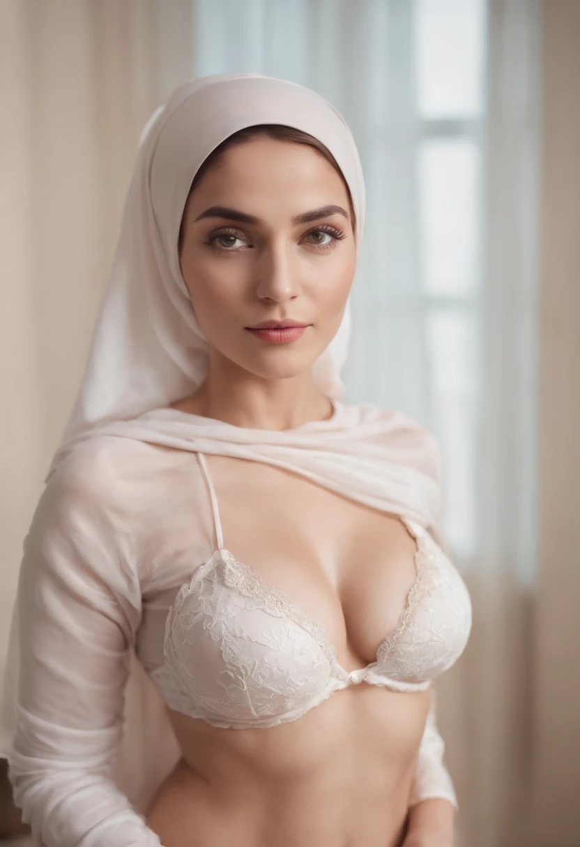 she is woman with hijab and big breast. wearing bra and underpants
