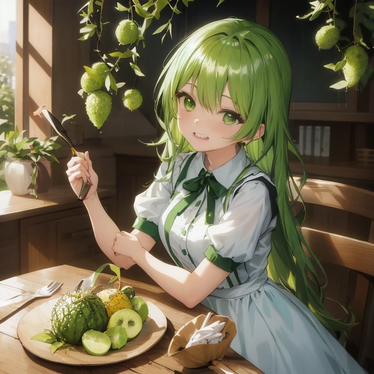 Green haired anime girl eating fruit in restaurant, Anime visuals of cute girls, Smooth Anime CG Art, marin kitagawa fanart, anime food, loputyn and matcha, anime style 4 k, splash art anime , young anime girl, Official art, high detailed official artwork, anime moe art style, painted in anime painter studio