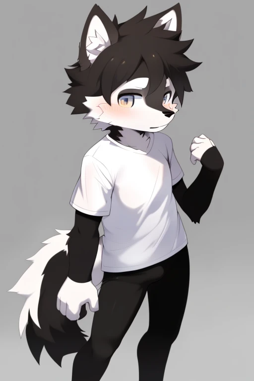Furry wolf,((Shota)), black spandex tights, white shirt, solo, standing