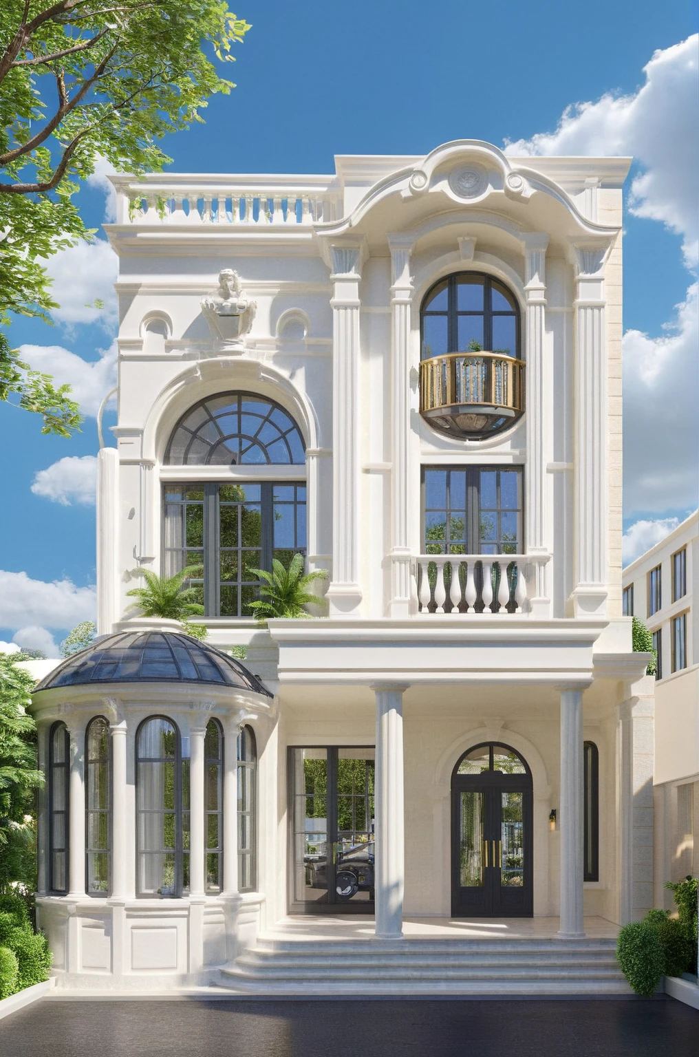 Architectural style Architectural style,  ((Classic Style House)),(masterpiece) , ((best quality)), dramatic lighting, high quality outdoors, sky, day, cloud, tree, blue sky, building, scenery, road, real world location,  sunlight, enough detail, high resolution,super realistic, Photorealistic, highly detailed, balcony,  door, car, truck, parking slot, paving, . Clean lines, architectural drawing, highly detailed  , . Clean lines, geometric shapes, architectural drawing, highly detailed, (( round column : 1,3)), round pillar
