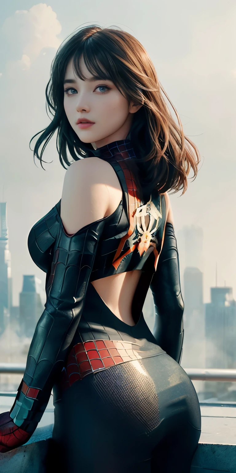 (1girl:1.3), Solo, (((Very detailed face)))), ((Very detailed eyes and face)))), Beautiful detail eyes, Body parts__, Official art, Unified 8k wallpaper, Super detailed, beautiful and beautiful, beautiful, masterpiece, best quality, original, masterpiece, super fine photo, best quality, super high resolution, realistic realism, sunlight, full body portrait, amazing beauty, dynamic pose, delicate face, vibrant eyes, (from the front), She wears Spider-Man suit, red and black color scheme, spider, very detailed city roof background, rooftop, overlooking the city, detailed face, detailed complex busy background, messy, gorgeous, milky white, highly detailed skin, realistic skin details, visible pores, clear focus, volumetric fog, 8k uhd, DSLR, high quality, film grain, fair skin, photo realism, lomography, futuristic dystopian megalopolis, translucent