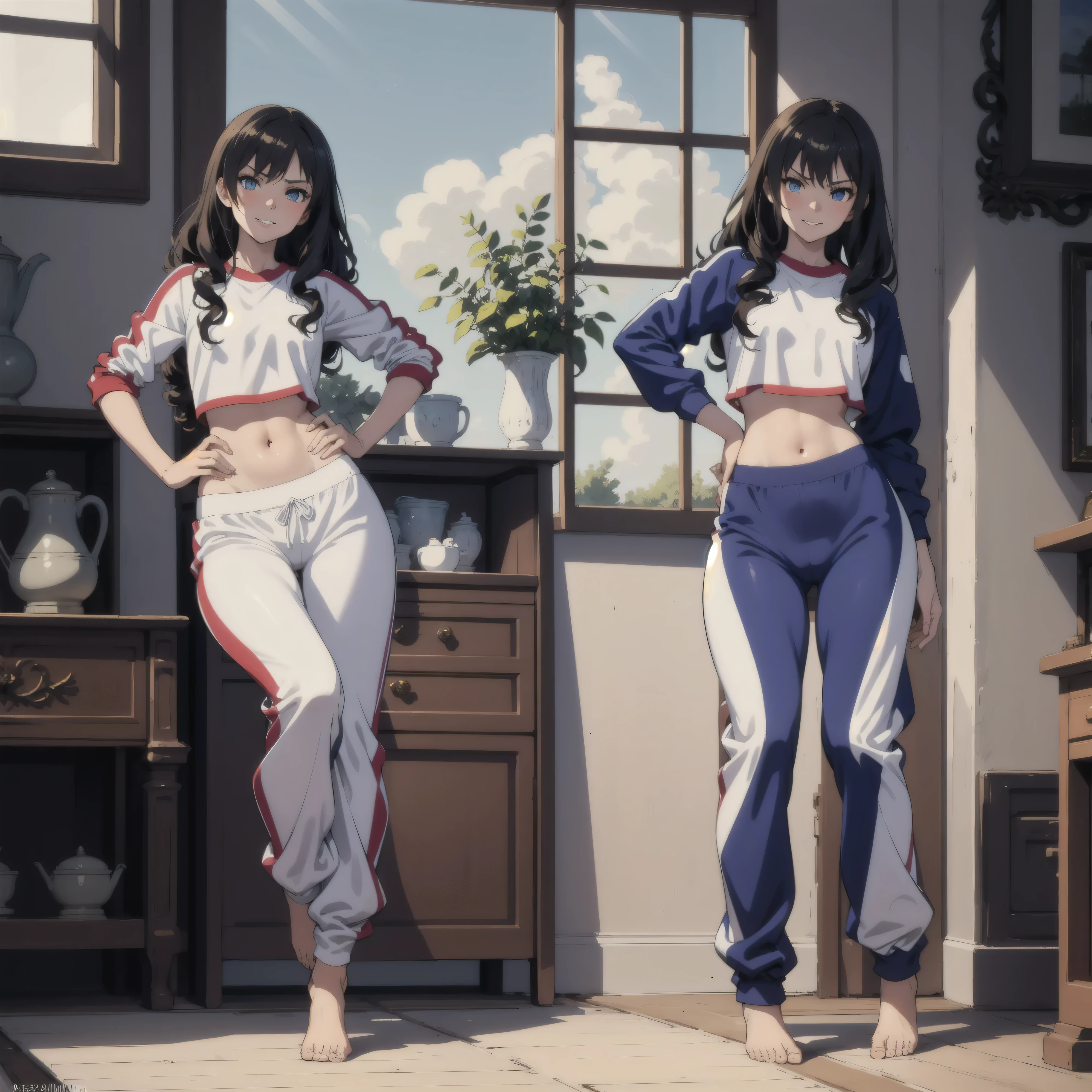 1girl, angry, curly hair, looking at viewer,(beautiful detailed blue eyes), (Persona), squatting, spread legs,amagi_yukiko, over size(track suit pants), (hand on hips), from below, (line off), (beautiful antique shop room), small open Window, barefoot, smile, ((((Move your hips left and right)))),, blue sky, solo