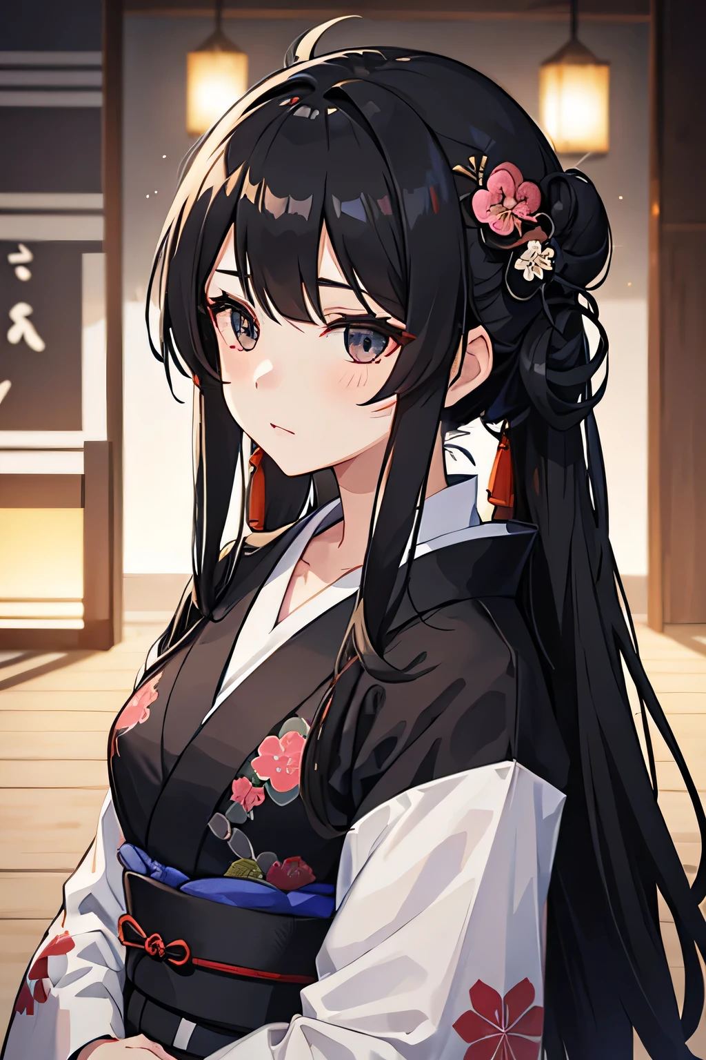 Girl with long white hair tied back, black eyes. Wearing a black flowered yukata.