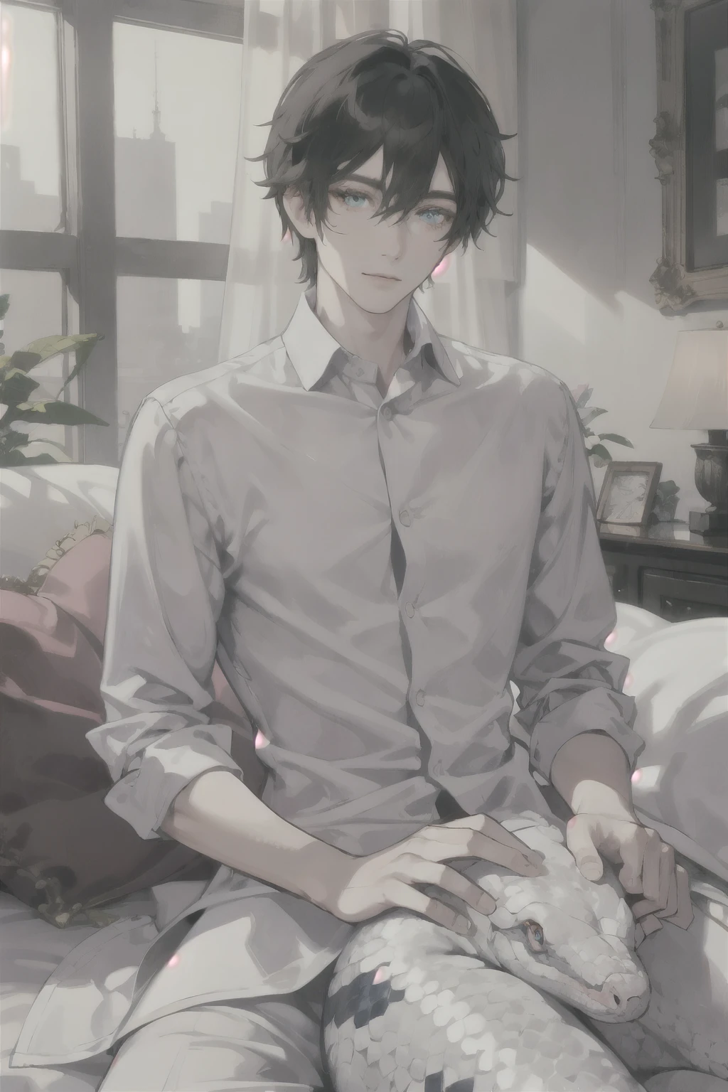 masterpiece, best quality, ultra detailed, (solo man), (male focus), ((Oblong face)), ((Square jawline)), black hair, ((hairs between eyes)), ((shoulder length)), ((narrow blue eye)), fair skin, skinny body, beauty mark, {uniform, outfit, clothes}, dress shirt, (Giving an insincere smile:0.7), snfw, (Enjoying interaction with a big albino snake), spread legs on bed, (completely nude:1.3), front face