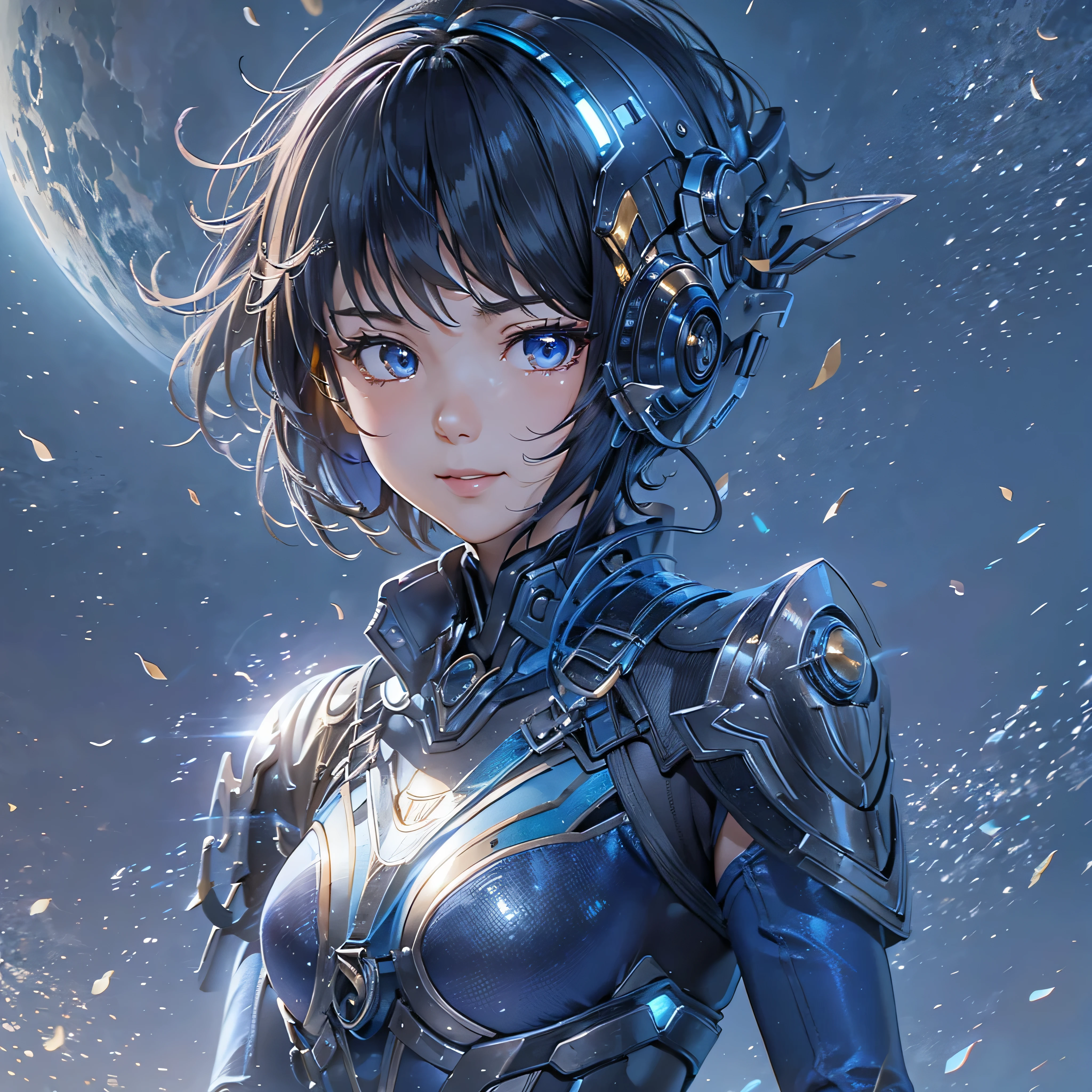 (masterpiece、highest quality、Highest Resolution、Clear_image、Detailed details、Angle from above): (Whole body、One 20 year old girl、Japanese Faces、Small Face、Slender、Navy blue super short bob cut hair、(Hidden small breasts:1.3)、Sparkling blue eyes、Shiny pilot suit in blue and black colors、Chest protection armor、Tight fitting clothes、Clothing that covers the whole body、Glamorous clothes、Tight Fit Pants、Hide your skin、Very delicate and beautiful、Detailed Skin、hide thighs、Hide your ass、Cute、A gentle smile、Soft expression、heroine、headset、Knee-high boots、Elbow-length gloves、Eye Level Shot、Face directly、Woman on a spaceship)