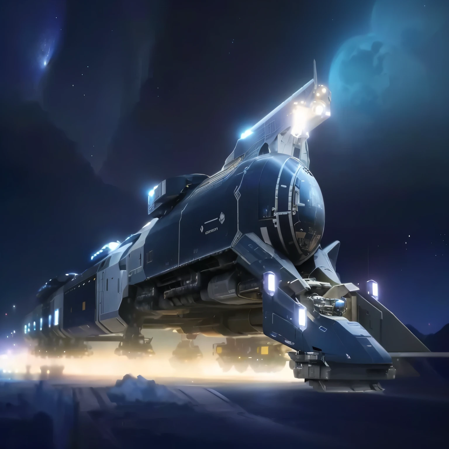 Close-up of a train on the tracks at night, The Big Train in Space, Spaceship concept art, detailed Spaceship, 華やかなSpaceshipの絵, 壮大なSpaceshipのシーン, 未来的なSpaceship, scifi Spaceship, futuristic Spaceship, Spaceship, sci - fi Spaceship in combat, 古代のSpaceship, Spaceship in space, Spaceship design, SFSpaceship
