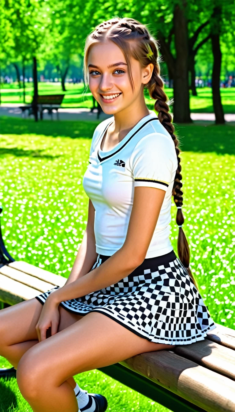 (best quality,4k,8k,highres,masterpiece:1.2),ultra-detailed,(realistic,photorealistic,photo-realistic:1.37),portrait,beautiful girl,18 years,sports,lively expression,white and black checkered miniskirt,braids,sitting on a bench in the park,sunny weather,vivid colors,elegant pose,rays of warm sunlight,butterflies dancing around her,soft breeze,green grass,sun-kissed skin,sparkling eyes,blissful smile