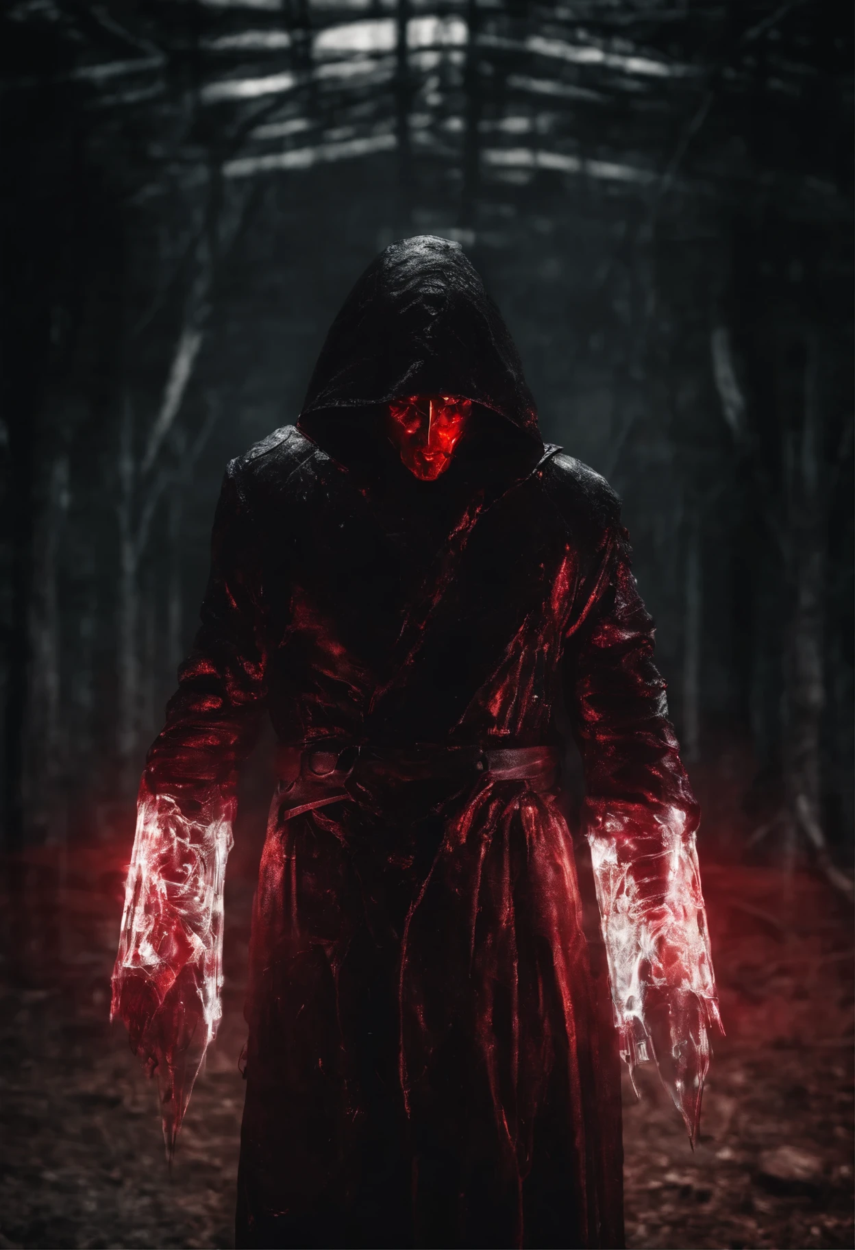 breathtaking cinematic science fiction photo of a portrait of a non human masked Grim dressed as a red hood wrapped in crystal, body full glowing metrics in the armour, glowing eyes, l metallic arms, in the middle of a scary place, daylight, extremely menacing creature, highly detailed, award-winning