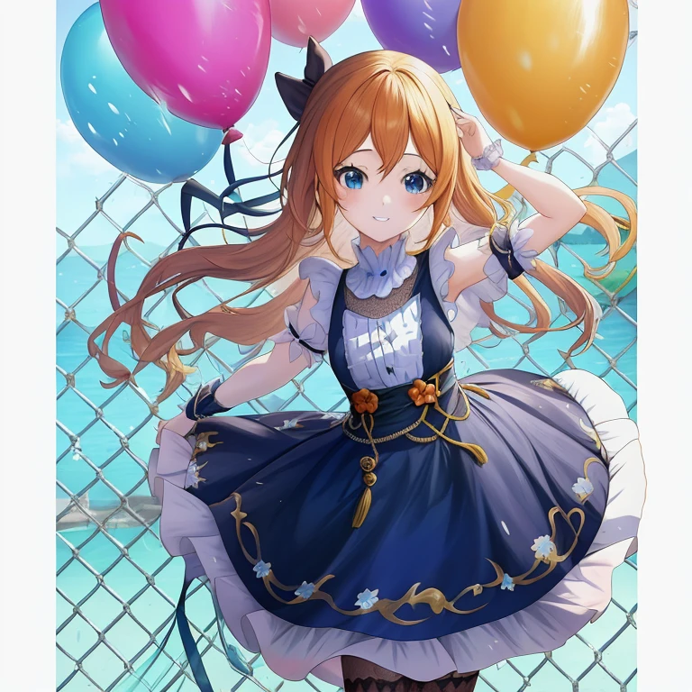 Anime girl with balloons and dress standing in front of fence, Cute anime waifu in a nice dress, splash art anime ,  in dress, (Anime Girl), Cute anime girl, pretty anime girl, kawacy, Anime visuals of cute girls, High quality anime art style, [ 4 k digital art ]!!, Beautiful anime girl
