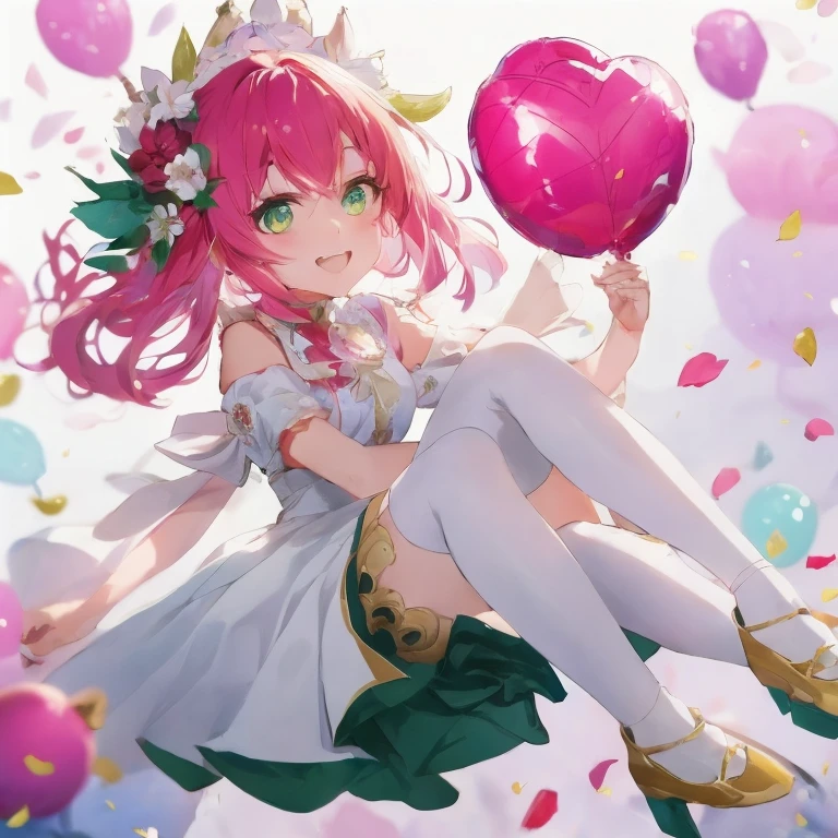 Anime girl with pink hair and green eyes holding heart shaped balloons, guweiz on pixiv artstation, splash art anime , guweiz on artstation pixiv, cushart krenz key art feminine, guweiz, 8k high quality detailed art, official artwork, artwork in the style of guweiz