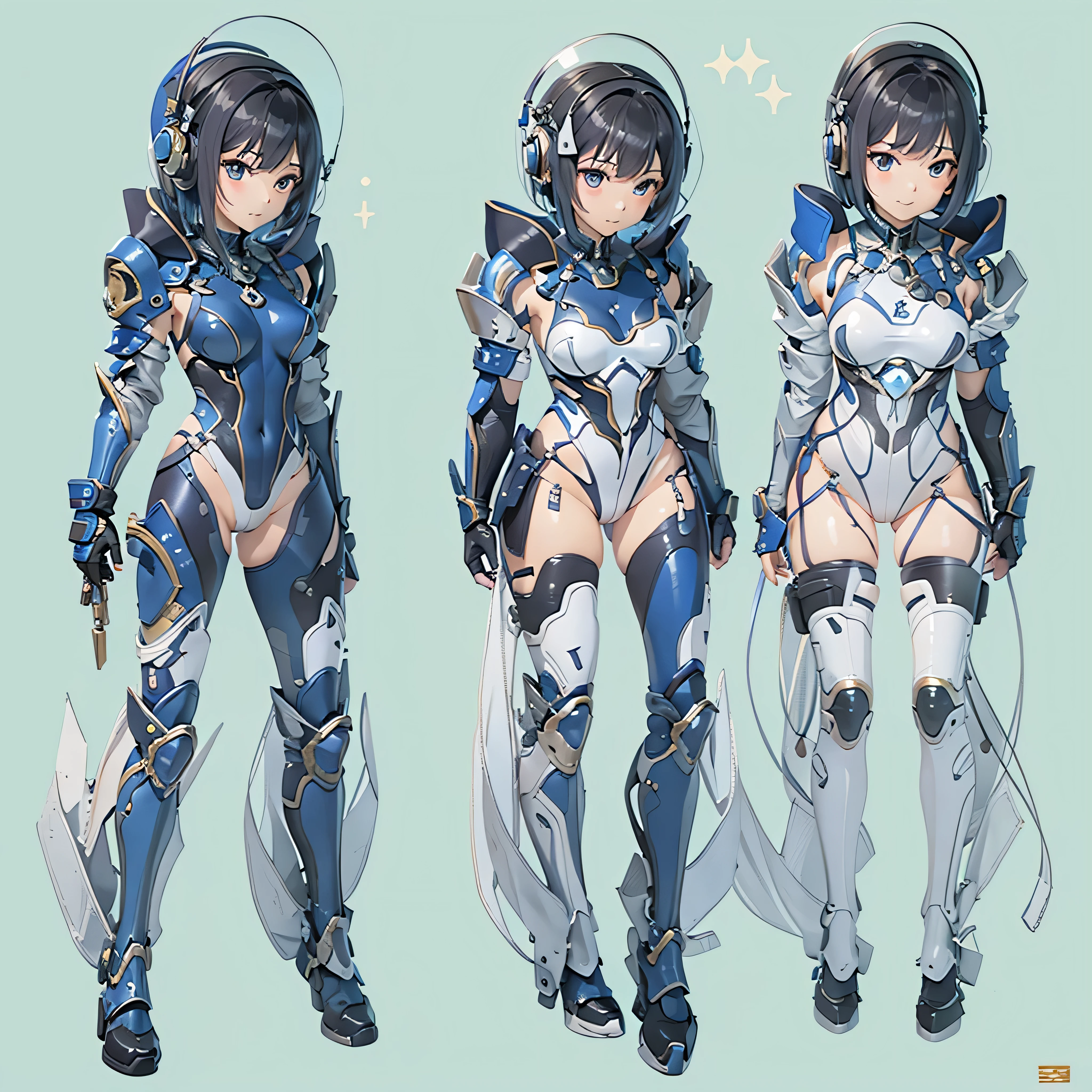 (masterpiece、highest quality、Highest Resolution、Clear_image、Detailed details、Angle from above): (Whole body、One 20 year old girl、Japanese Faces、Small Face、Slender、Navy blue super short bob cut hair、(Hidden small breasts:1.3)、Sparkling blue eyes、Shiny pilot suit in blue and black colors、Chest protection armor、Tight fitting clothes、Clothing that covers the whole body、Glamorous clothes、Tight Fit Pants、Hide your skin、Very delicate and beautiful、Detailed Skin、hide thighs、Hide your ass、Cute、A gentle smile、Soft expression、heroine、headset、Knee-high boots、Elbow-length gloves、Eye Level Shot、Face directly、Woman on a spaceship)