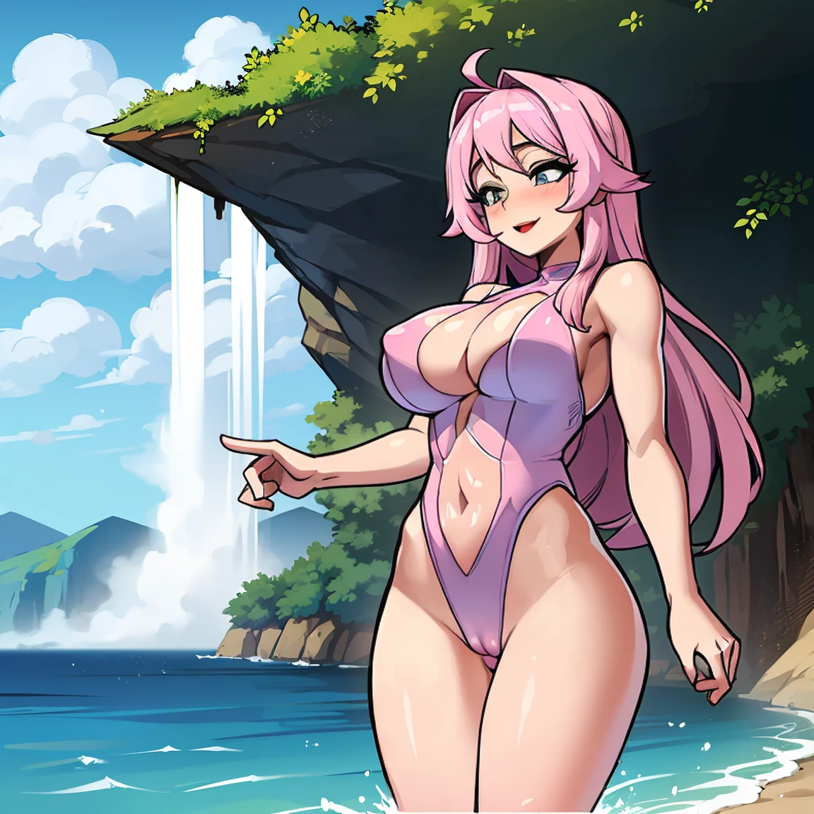 (masterpiece, best quality:1.2), cowboy shot, (solo), (1girl):1.5, glasses, long fluffy pink hair, hair blowing, gorgeous body, wide hips, slight smile, ((very sexy and transparent (blue leotard)) with exposed navel), musculous belly, gorgeous huge breasts, ((pink breasts niples) under very transparent blue leotard), (cameltoe), in front a waterfall in a windy beach, view form sea to beach.