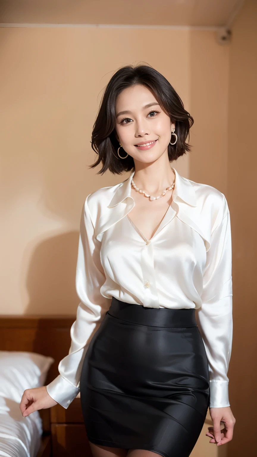 (RAW Photos:1.2)、 (Realistic:1.4),(D cup breasts)、(44 years old:1.6),Thick legs、alone、(White Silk_blouse:1.5),(Black pencil skirt:1.4),(Pearl_Earrings:1.3),Jewelry Necklace Short Hair,black eye、(Dimly lit hotel room:1.8)、(Looking at the audience:1.2)、Beautiful Japanese Woman, Very detailed,High resolution, Very detailed,highest quality,Raise awareness,Unified,8k wallpaper,masterpiece,highest quality,1 female,alone,rich,Whole Body Ezbian,(A kind smile:1.5)、(Slightly chubby:1.5)、(D cup breasts:1.5)、